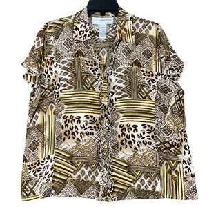 Sag Harbor Ruffle Blouse Womens 16W Short Sleeve Button Front Safari Print